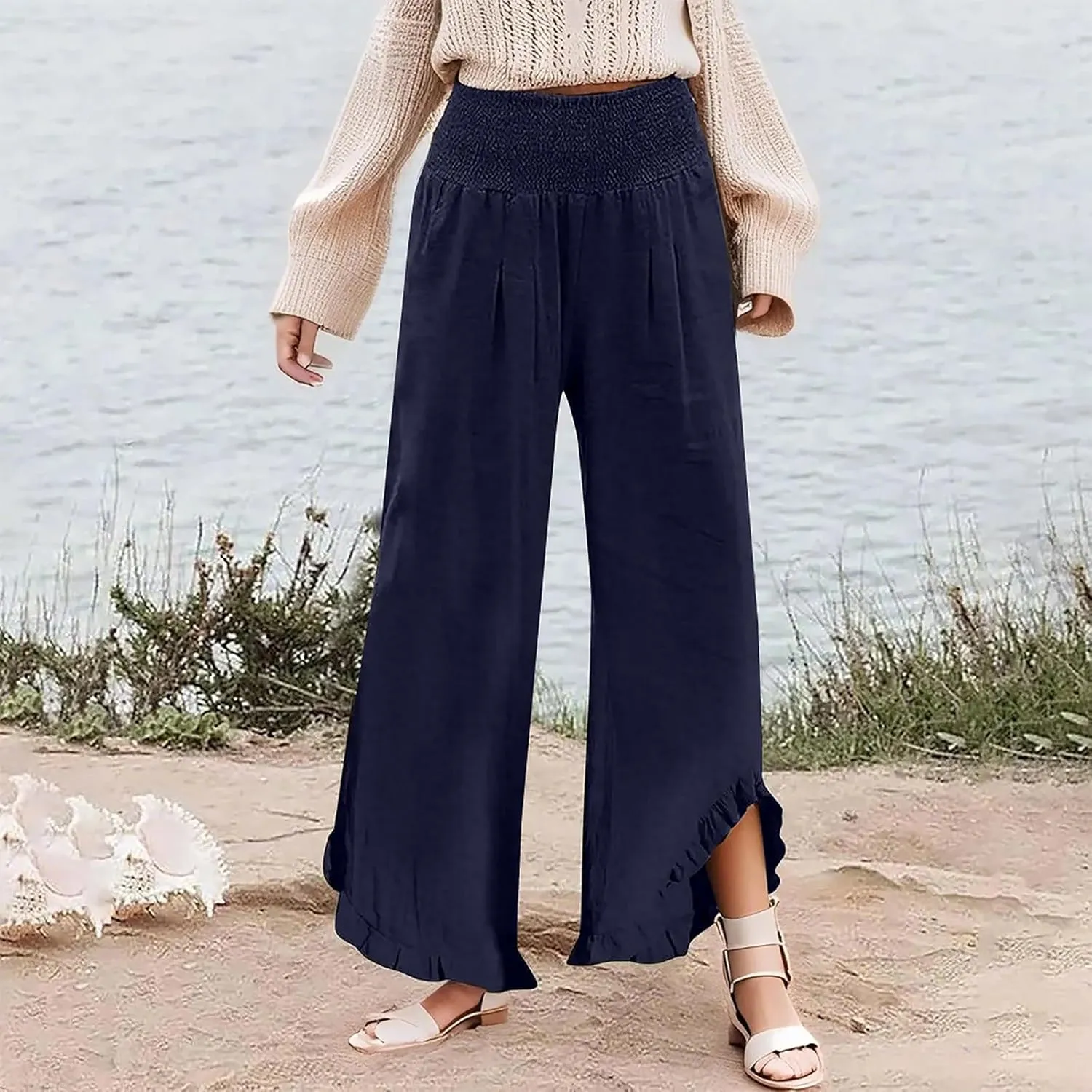 Sweatpants Women,Linen Summer Pants for Women Trendy 2025 Elastic High Waisted Wide Leg Womens Capris with Pockets