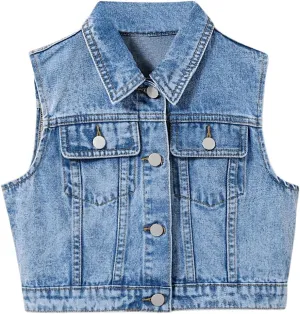 SweatyRocks Girl's Denim Vest Button Down Sleeveless Jean Jacket Outerwear with Pockets