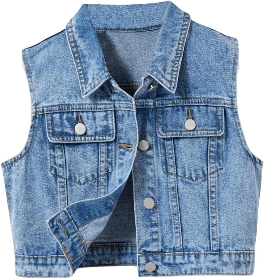 SweatyRocks Girl's Denim Vest Button Down Sleeveless Jean Jacket Outerwear with Pockets