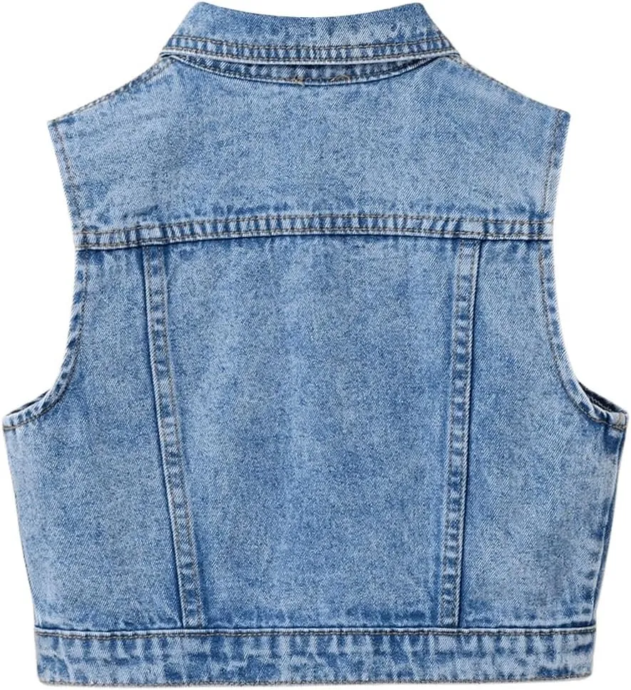SweatyRocks Girl's Denim Vest Button Down Sleeveless Jean Jacket Outerwear with Pockets