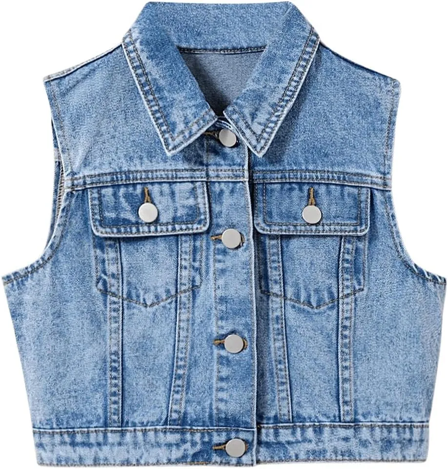 SweatyRocks Girl's Denim Vest Button Down Sleeveless Jean Jacket Outerwear with Pockets