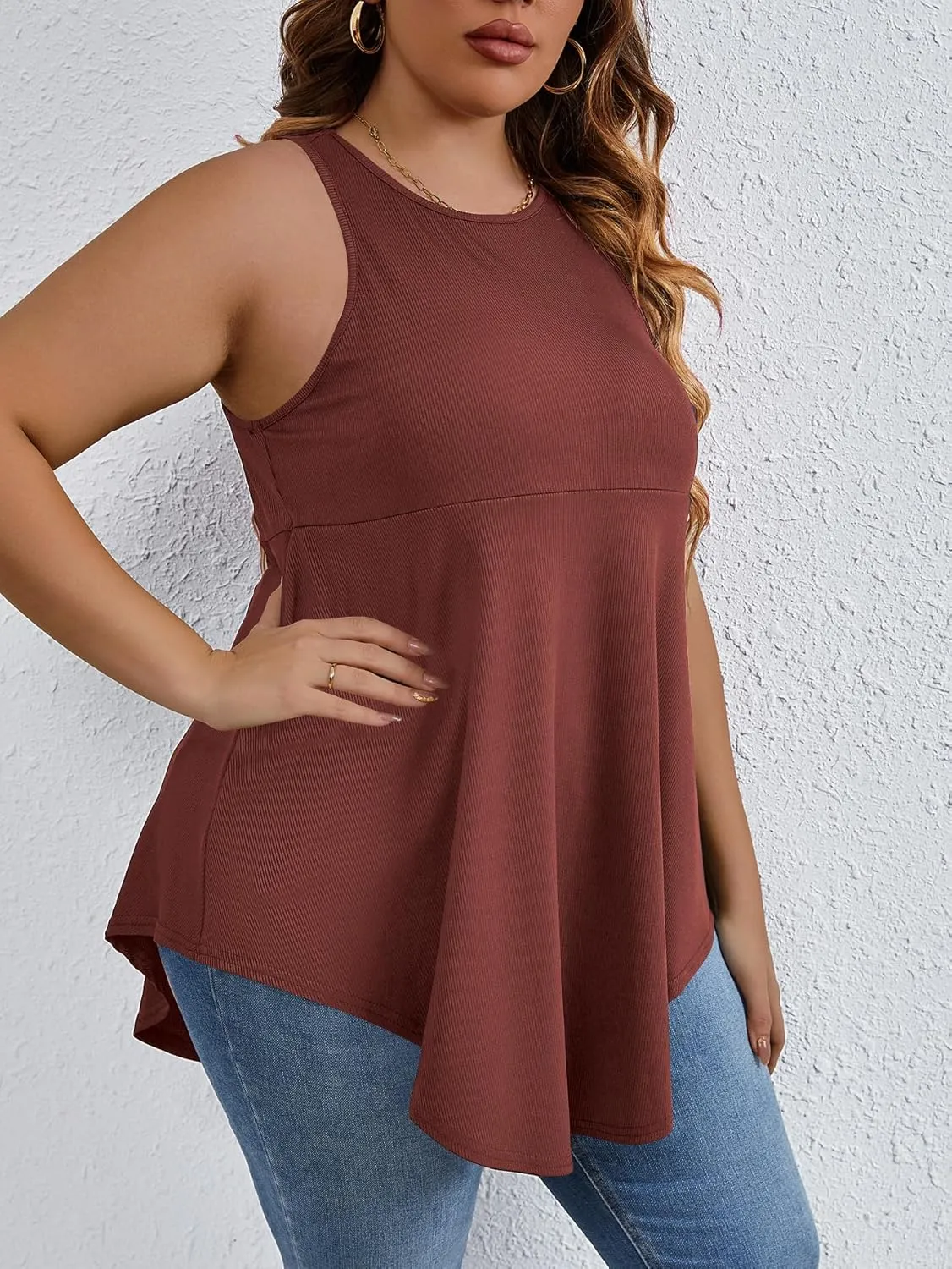SweatyRocks Women' Loose Sleeveless Solid Color Casual Plain Tank Tops Plus Size Curved Hem Workout Summer Tee Tops
