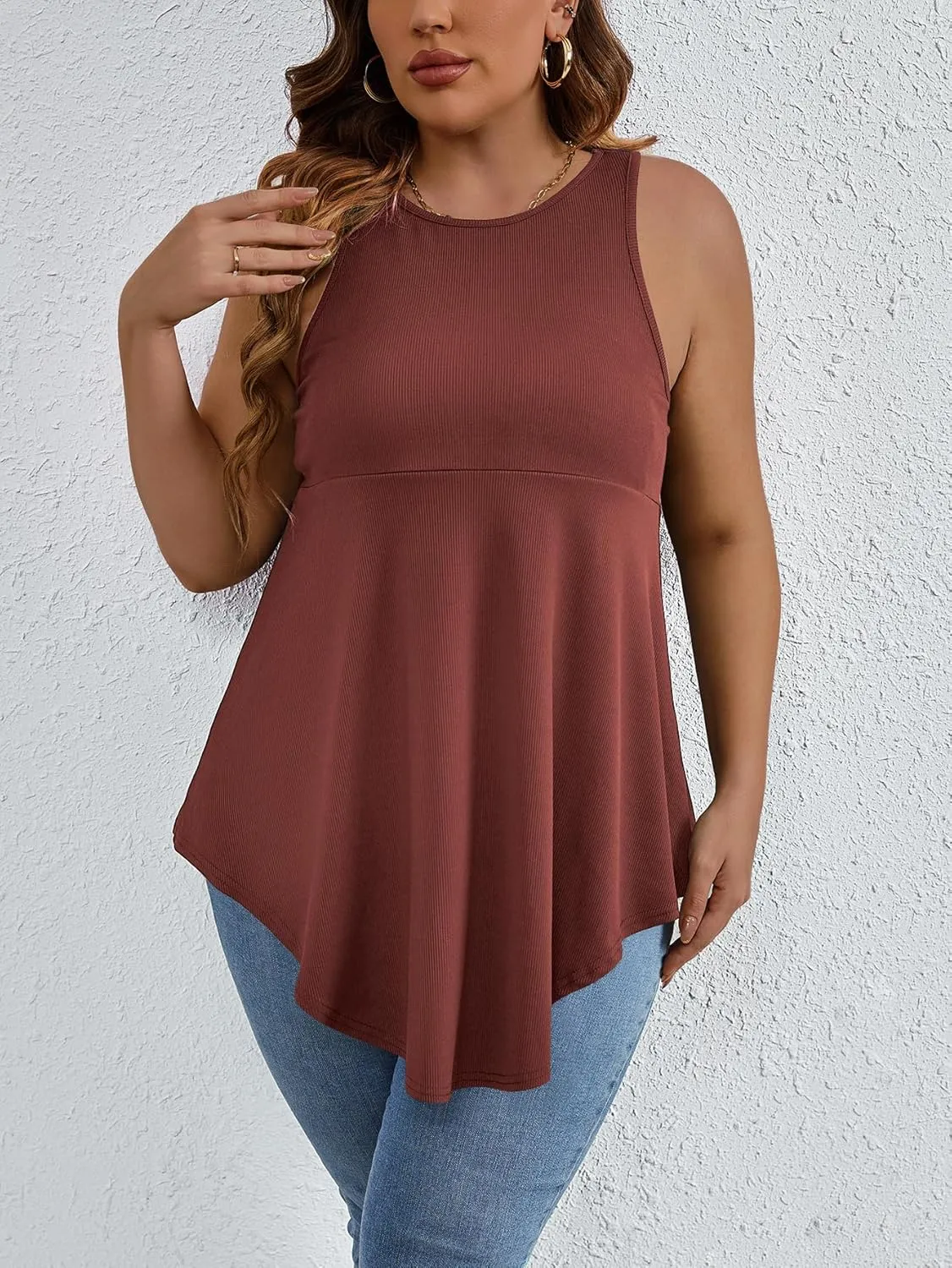 SweatyRocks Women' Loose Sleeveless Solid Color Casual Plain Tank Tops Plus Size Curved Hem Workout Summer Tee Tops