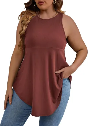 SweatyRocks Women' Loose Sleeveless Solid Color Casual Plain Tank Tops Plus Size Curved Hem Workout Summer Tee Tops