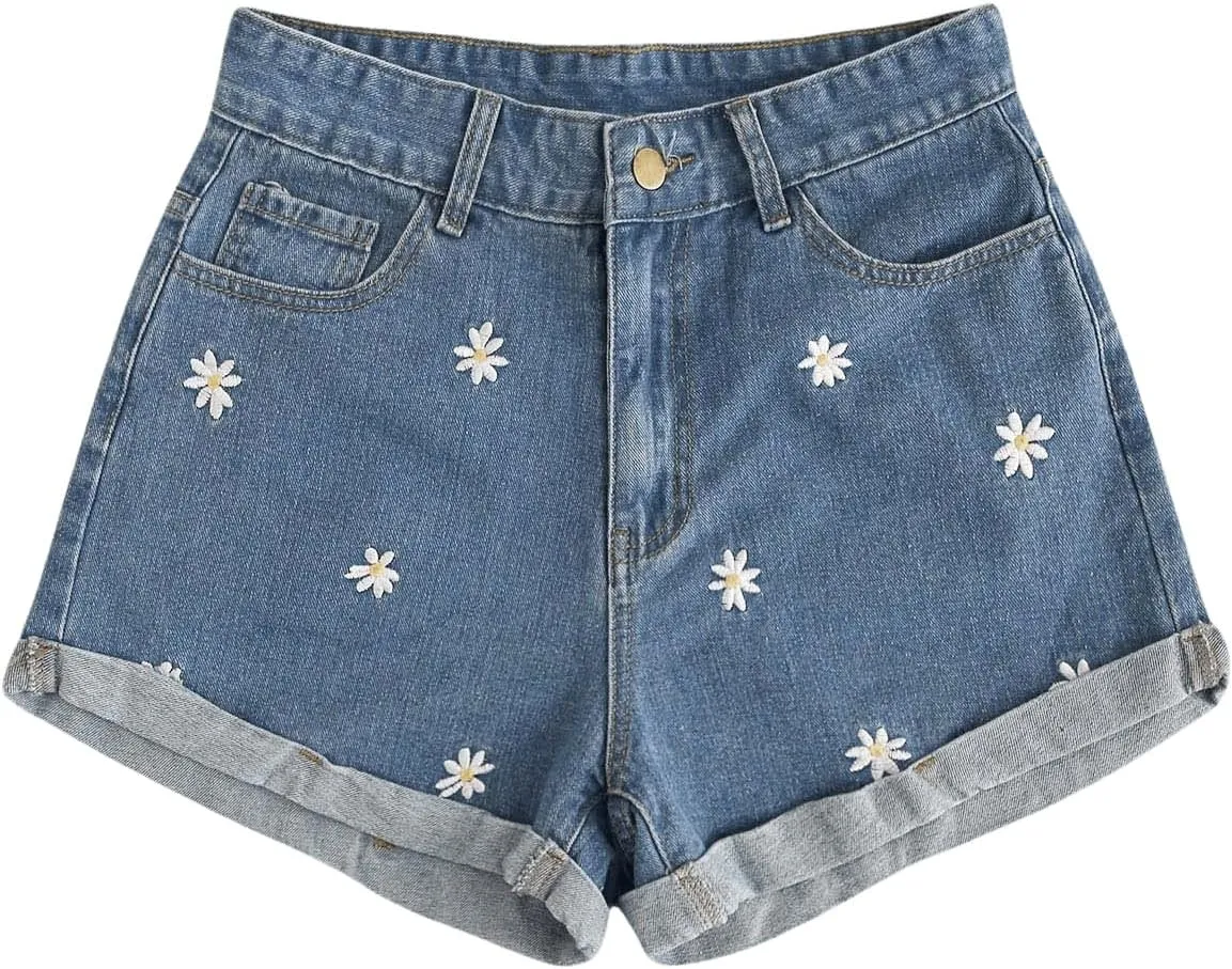 SweatyRocks Women's Casual High Waist Daisy Floral Embroidery Folded Hem Denim Jean Shorts