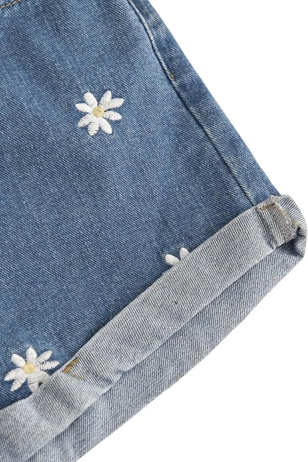 SweatyRocks Women's Casual High Waist Daisy Floral Embroidery Folded Hem Denim Jean Shorts