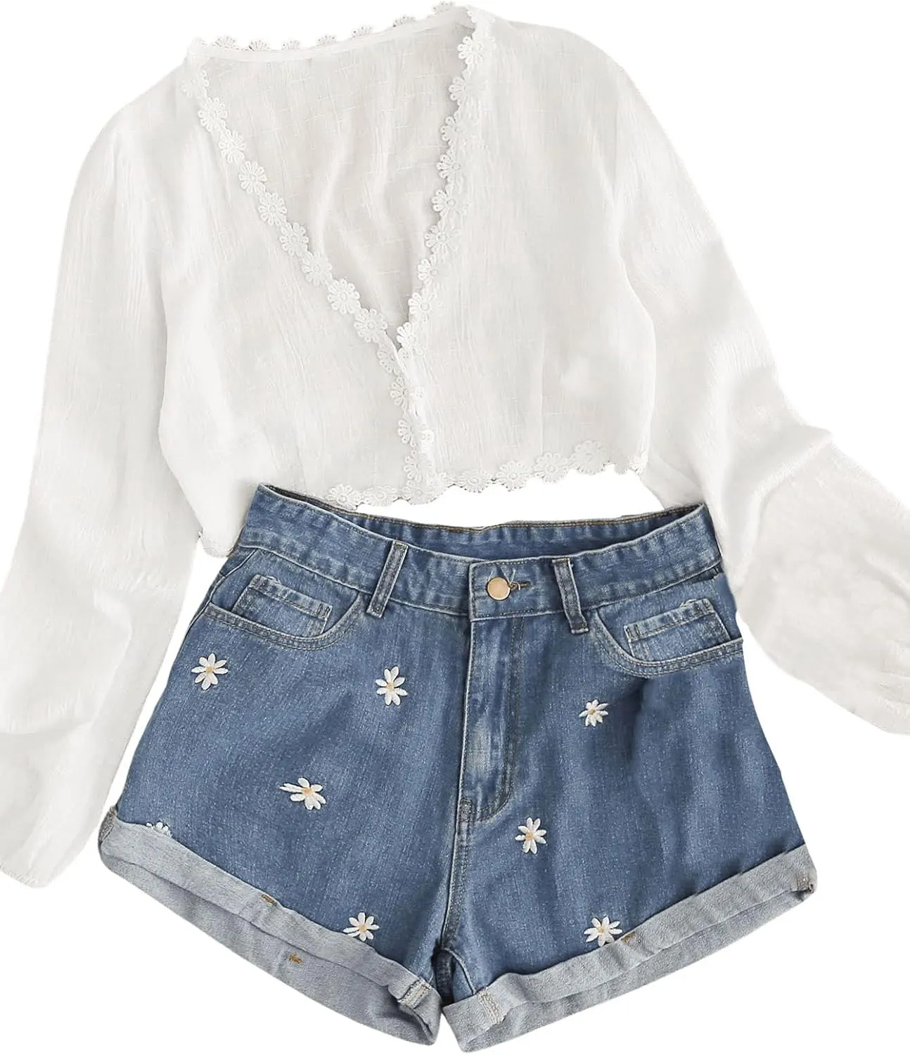 SweatyRocks Women's Casual High Waist Daisy Floral Embroidery Folded Hem Denim Jean Shorts