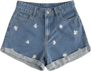 SweatyRocks Women's Casual High Waist Daisy Floral Embroidery Folded Hem Denim Jean Shorts
