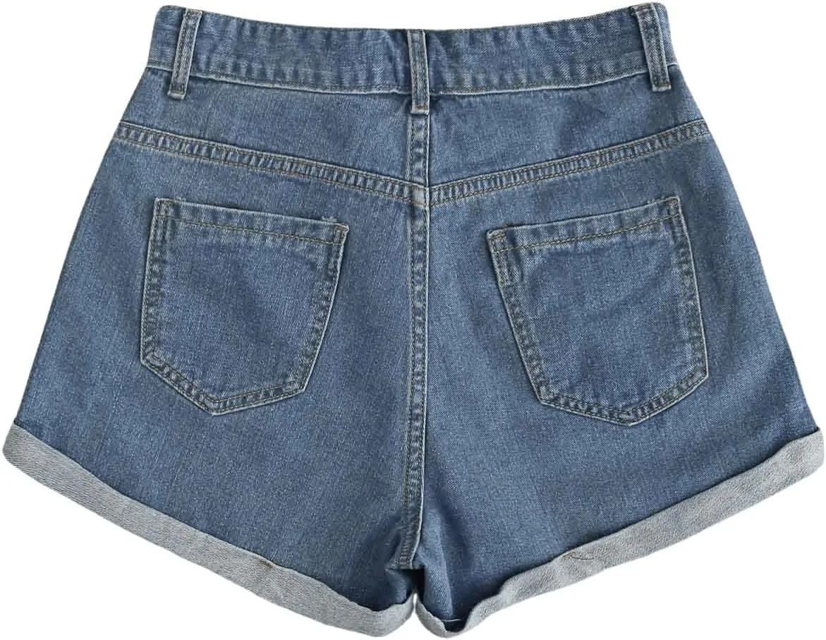 SweatyRocks Women's Casual High Waist Daisy Floral Embroidery Folded Hem Denim Jean Shorts