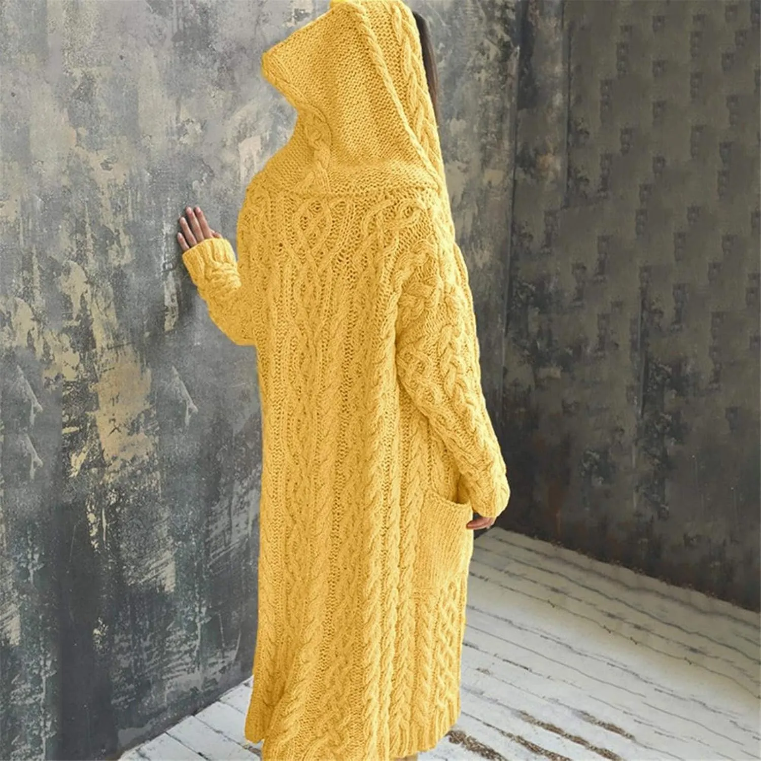 Tan Open Sweater Knitted Women Pocket Hooded Sweater Solid Solid Cardigan Coat Loose Long Big Soft Sweaters for