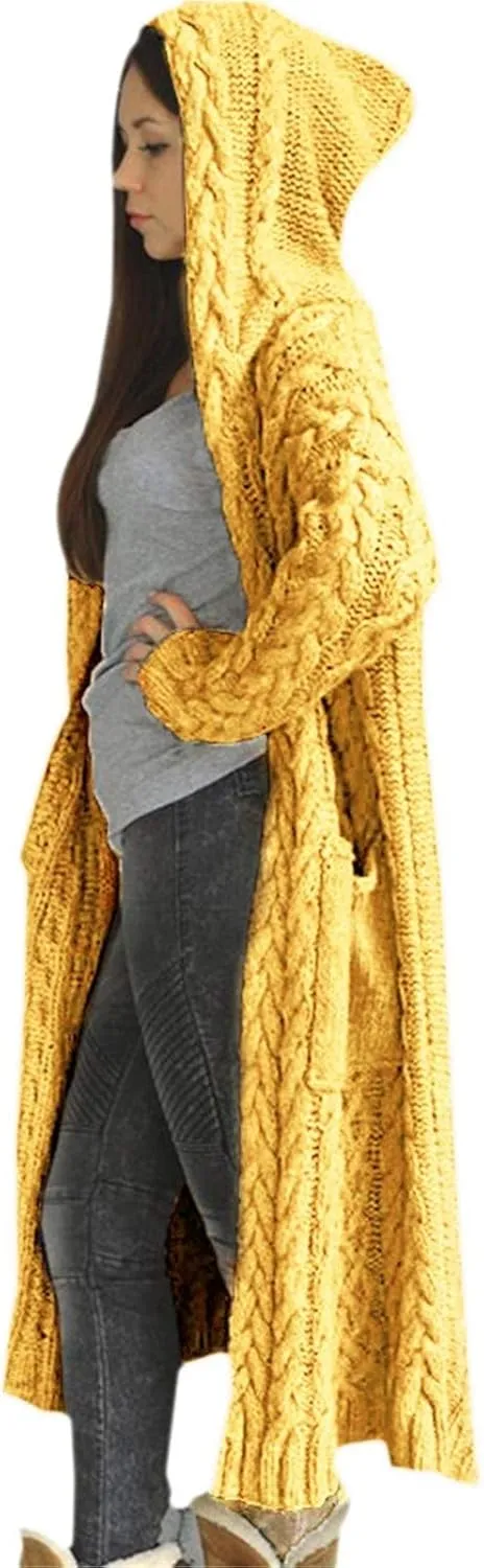 Tan Open Sweater Knitted Women Pocket Hooded Sweater Solid Solid Cardigan Coat Loose Long Big Soft Sweaters for