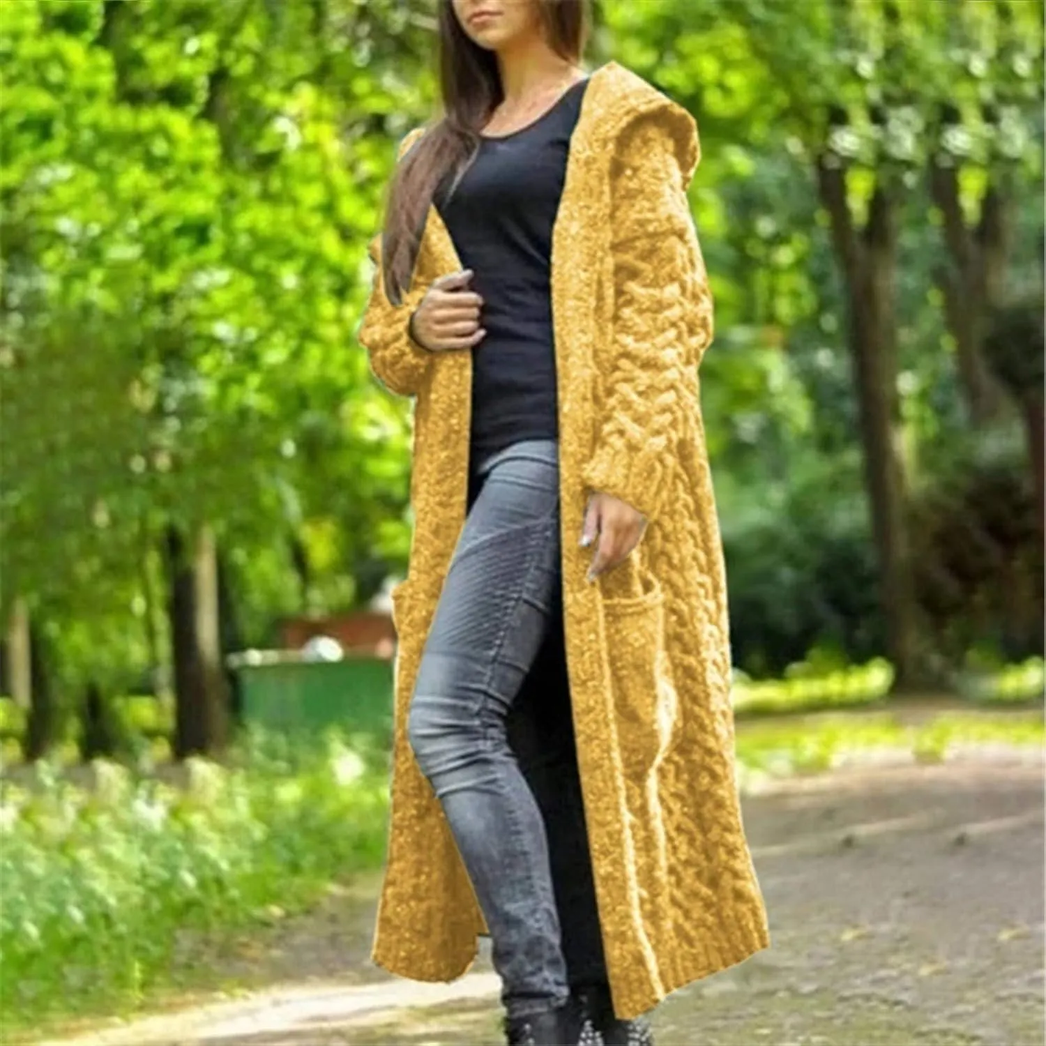 Tan Open Sweater Knitted Women Pocket Hooded Sweater Solid Solid Cardigan Coat Loose Long Big Soft Sweaters for