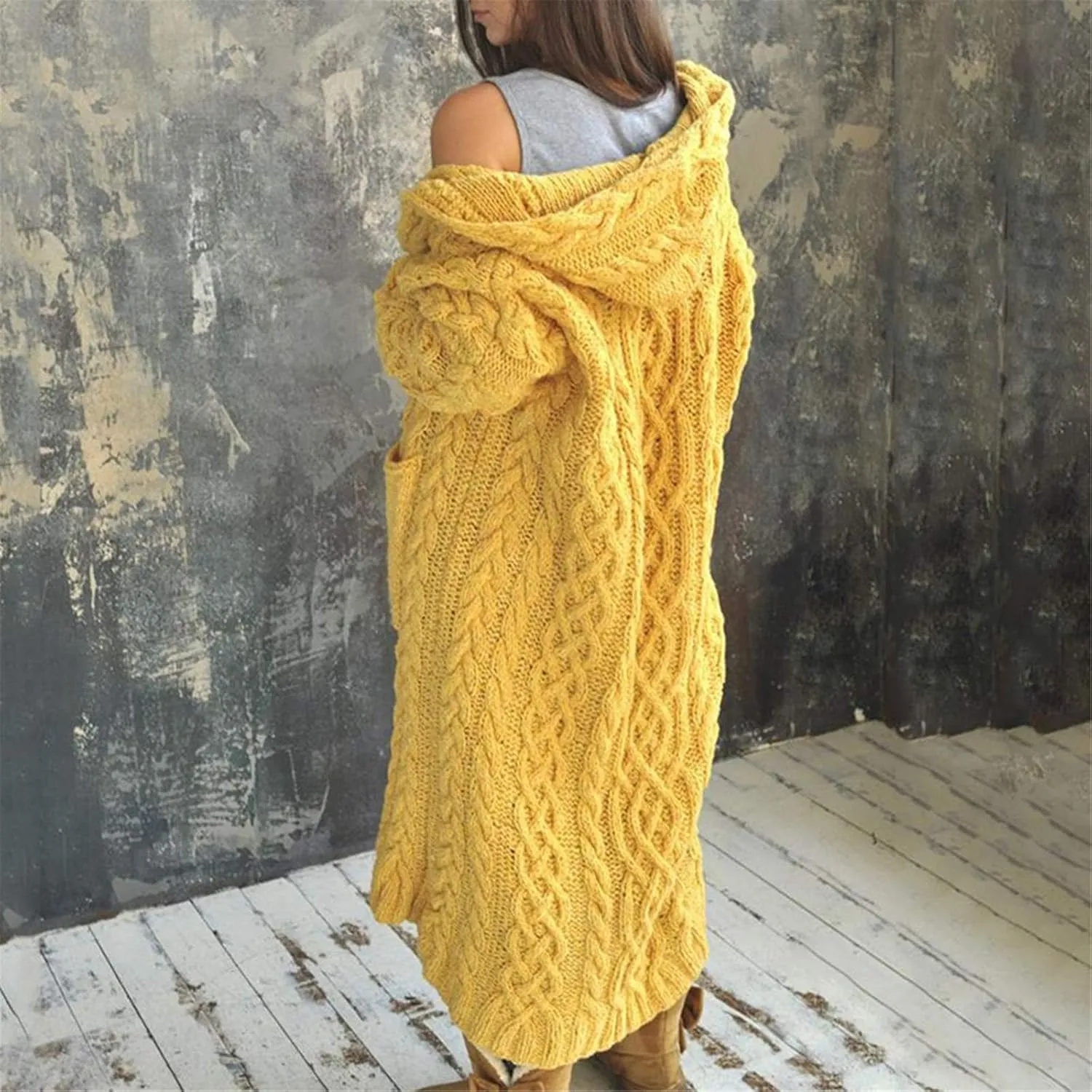 Tan Open Sweater Knitted Women Pocket Hooded Sweater Solid Solid Cardigan Coat Loose Long Big Soft Sweaters for