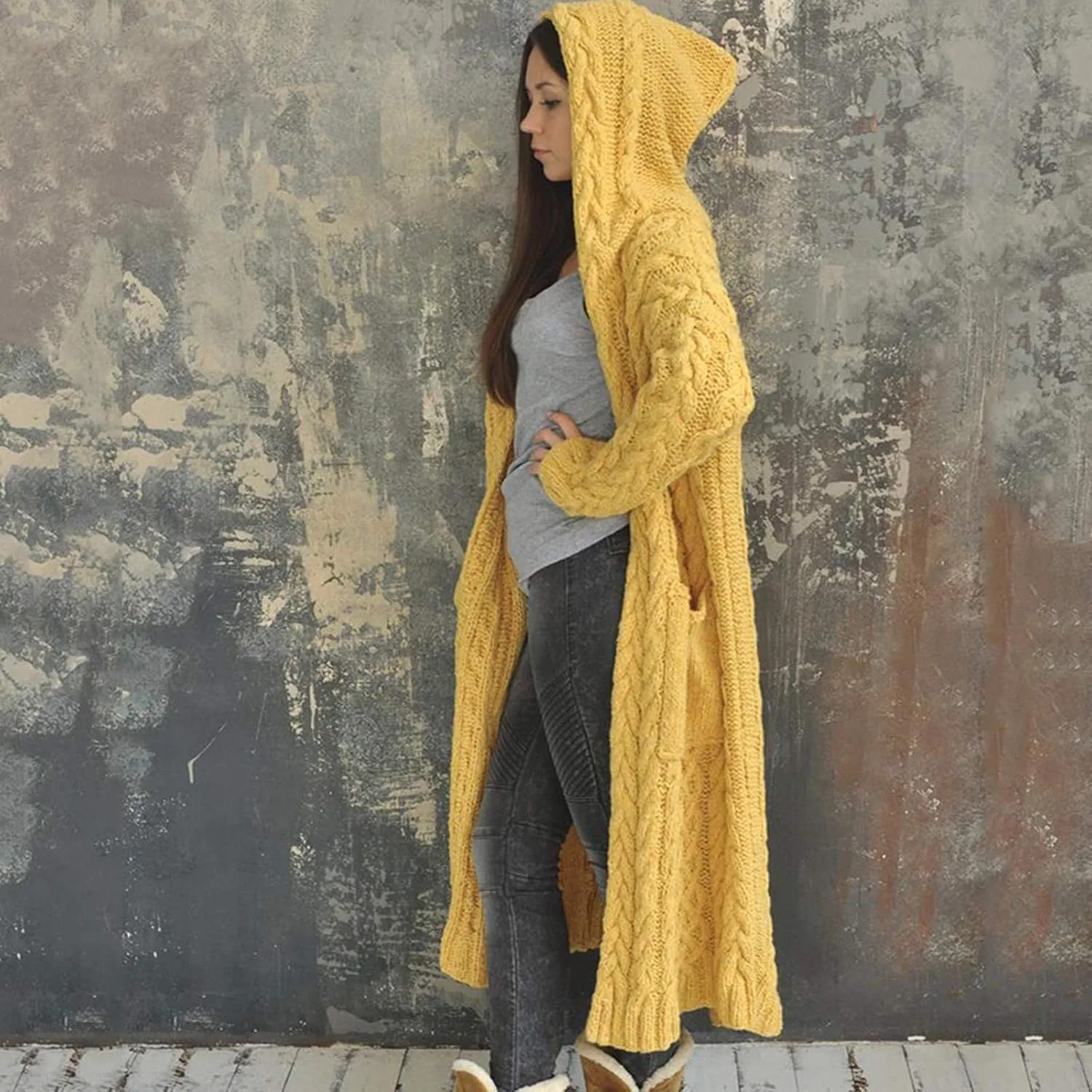Tan Open Sweater Knitted Women Pocket Hooded Sweater Solid Solid Cardigan Coat Loose Long Big Soft Sweaters for