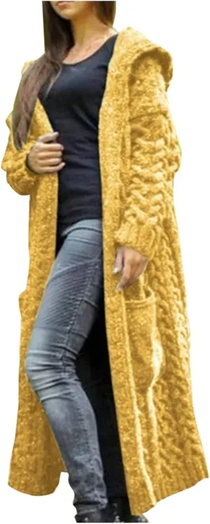 Tan Open Sweater Knitted Women Pocket Hooded Sweater Solid Solid Cardigan Coat Loose Long Big Soft Sweaters for