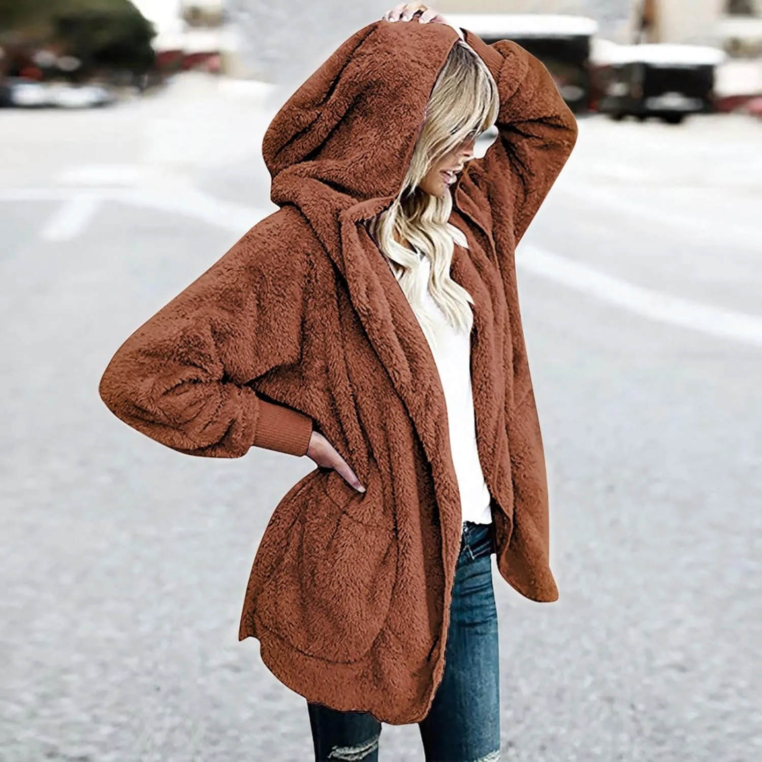 TANGNADE Sherpa Jacket Women with Hood Fleece Fuzzy Hooded Casual Coats Winter Cardigan Open Front Coat Outwear