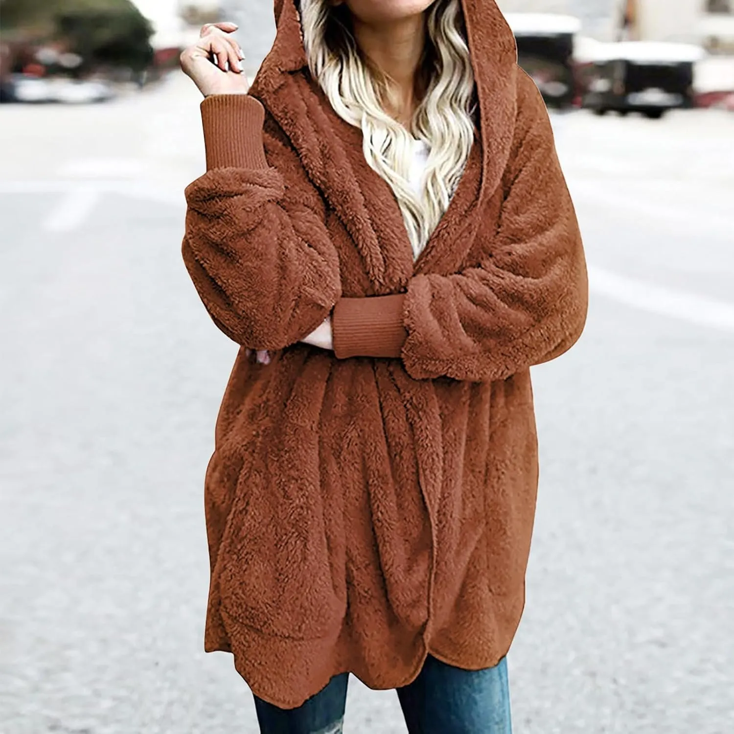 TANGNADE Sherpa Jacket Women with Hood Fleece Fuzzy Hooded Casual Coats Winter Cardigan Open Front Coat Outwear