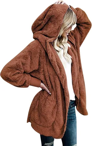 TANGNADE Sherpa Jacket Women with Hood Fleece Fuzzy Hooded Casual Coats Winter Cardigan Open Front Coat Outwear
