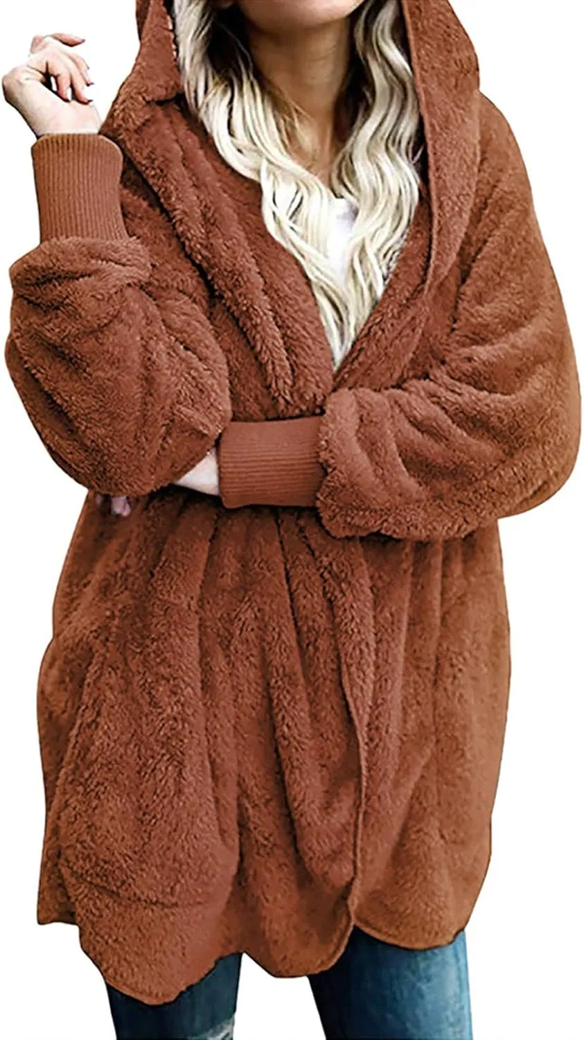 TANGNADE Sherpa Jacket Women with Hood Fleece Fuzzy Hooded Casual Coats Winter Cardigan Open Front Coat Outwear
