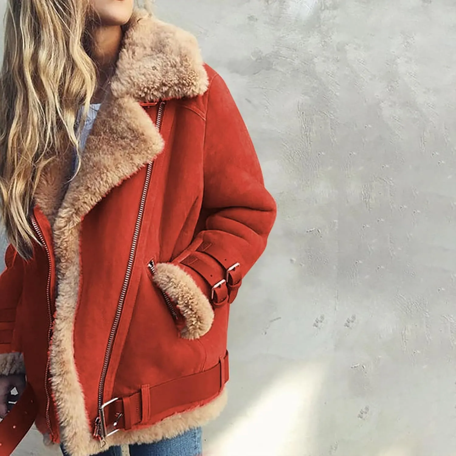 TANGNADE Women's Faux Suede Leather Shearing Moto Jacket Thick Lined Parka Winter Coat Leather Jacket