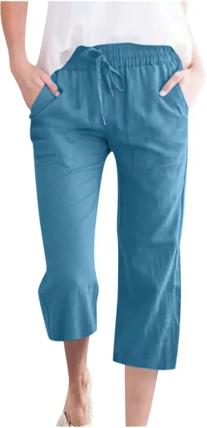 TARIENDY Capri Pants for Women Casual Summer Comfy Capris Drawstring Elastic High Waisted Pants Wide Leg Cropped Trouser