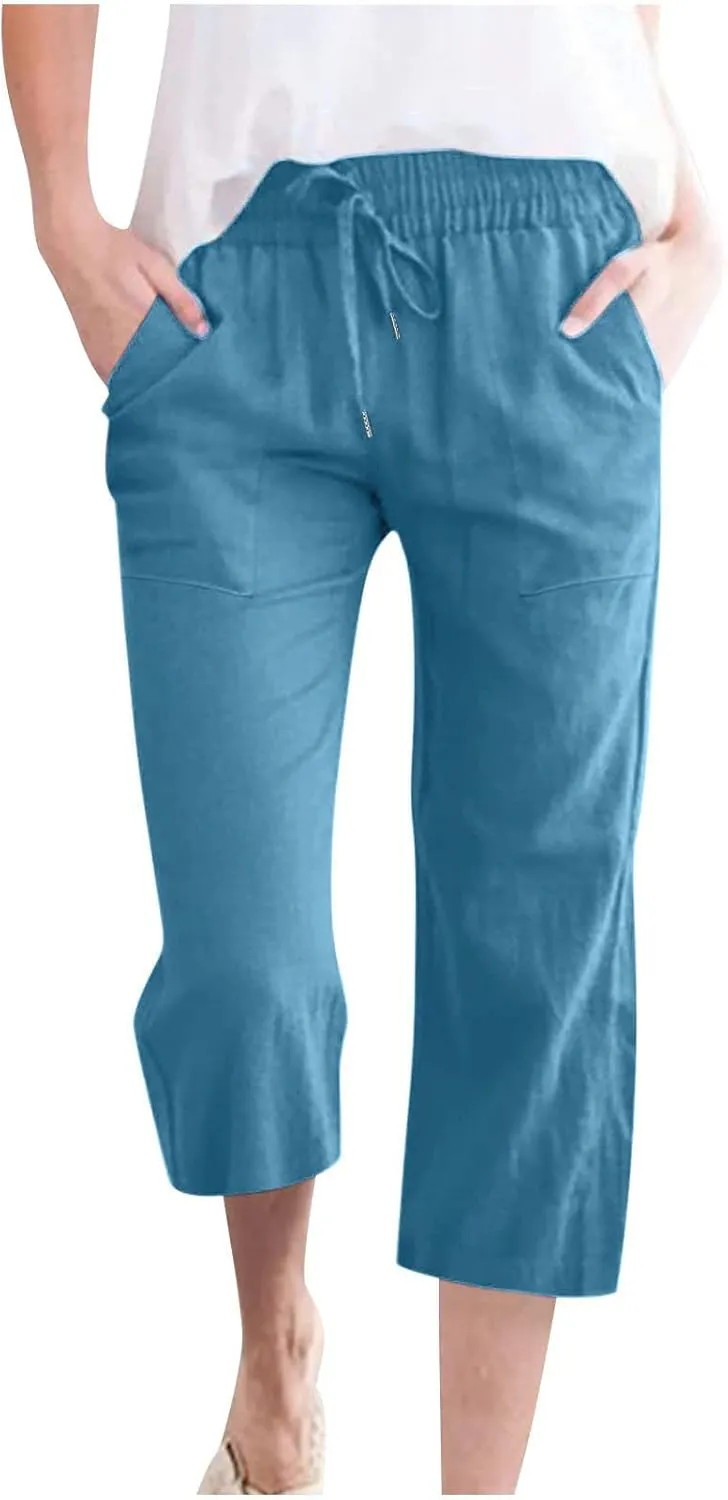 TARIENDY Capri Pants for Women Casual Summer Comfy Capris Drawstring Elastic High Waisted Pants Wide Leg Cropped Trouser