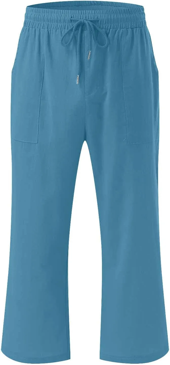 TARIENDY Capri Pants for Women Casual Summer Comfy Capris Drawstring Elastic High Waisted Pants Wide Leg Cropped Trouser