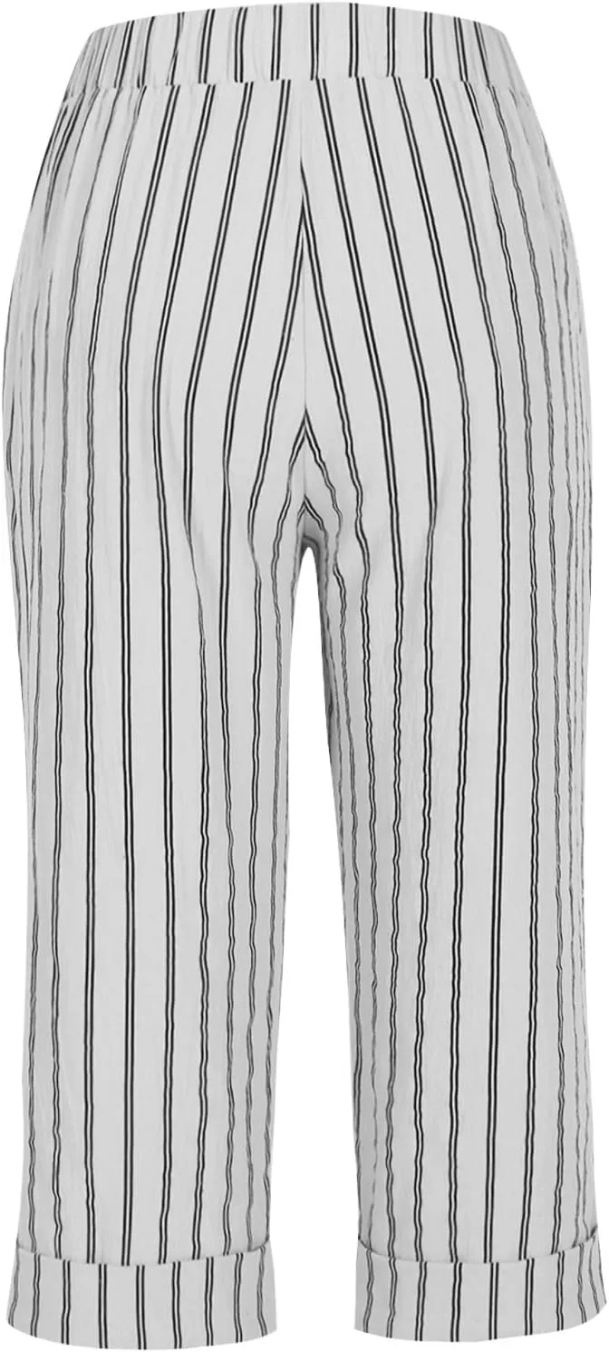 TARIENDY Capri Pants for Women Dressy Casual Summer Capris Comfy Fit Striped Cropped Trousers Vacation Outfits with Pockets