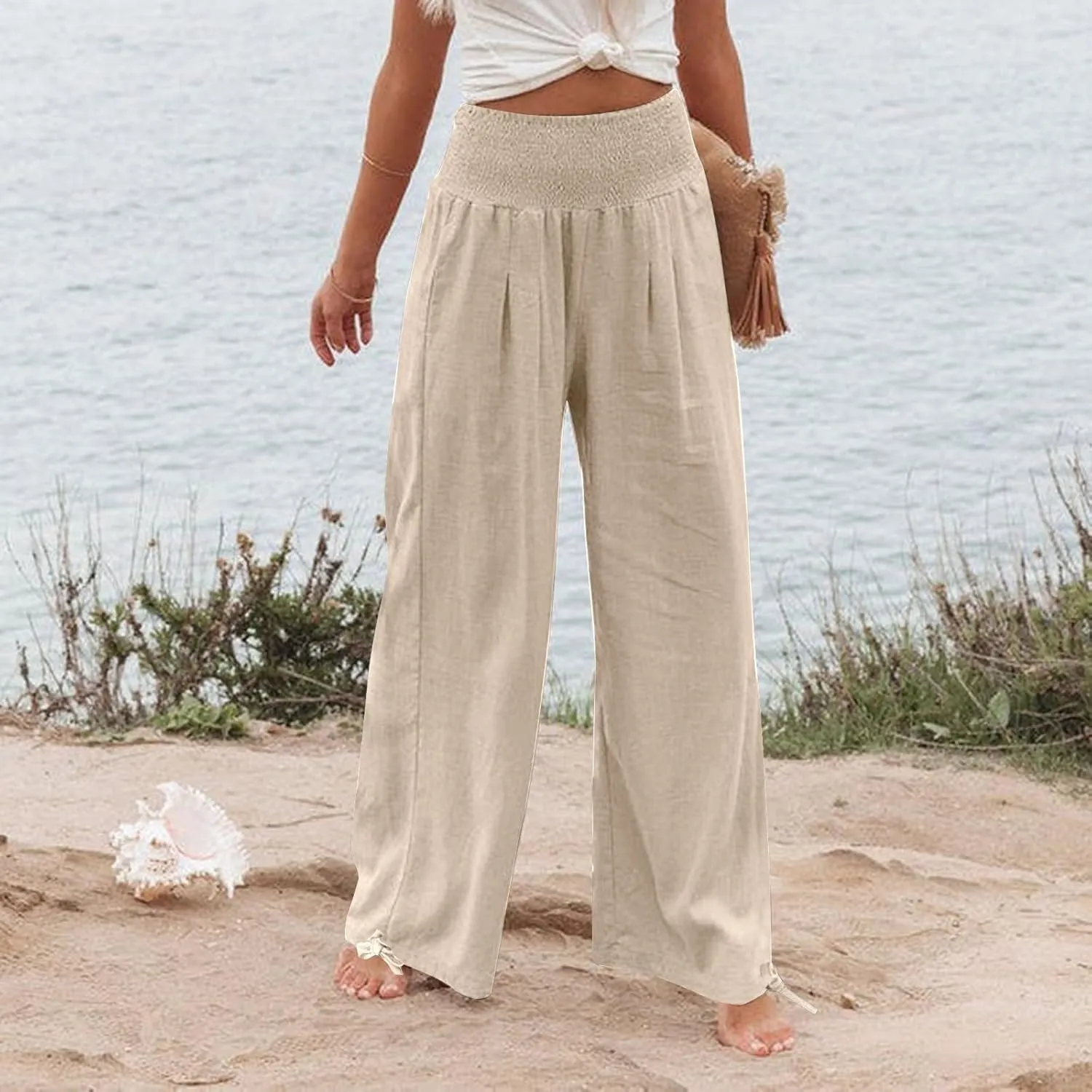 TARIENDY Palazzo Pants for Women Casual Summer High Waisted Wide Leg Trousers Loose Comfy Lounge Beach Pant with Pockets