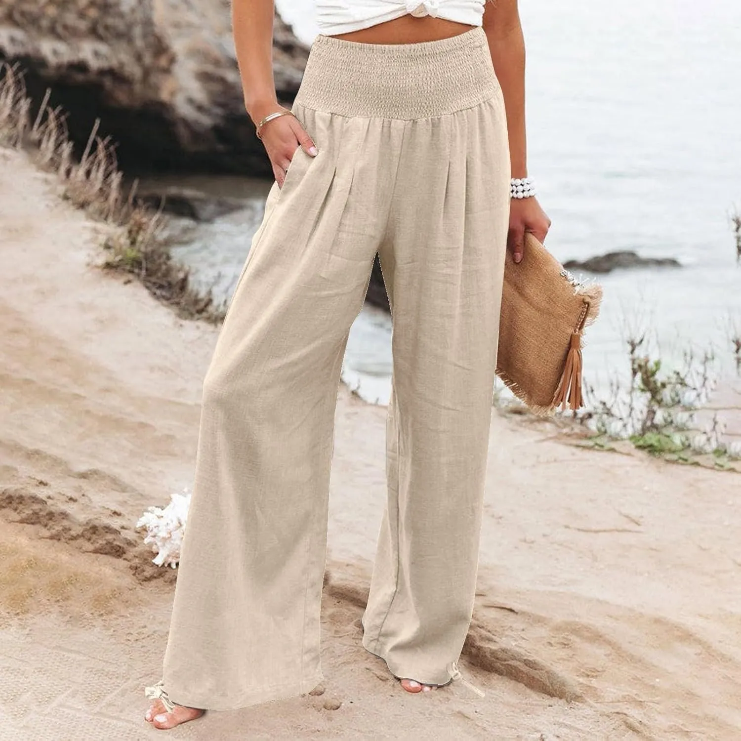 TARIENDY Palazzo Pants for Women Casual Summer High Waisted Wide Leg Trousers Loose Comfy Lounge Beach Pant with Pockets