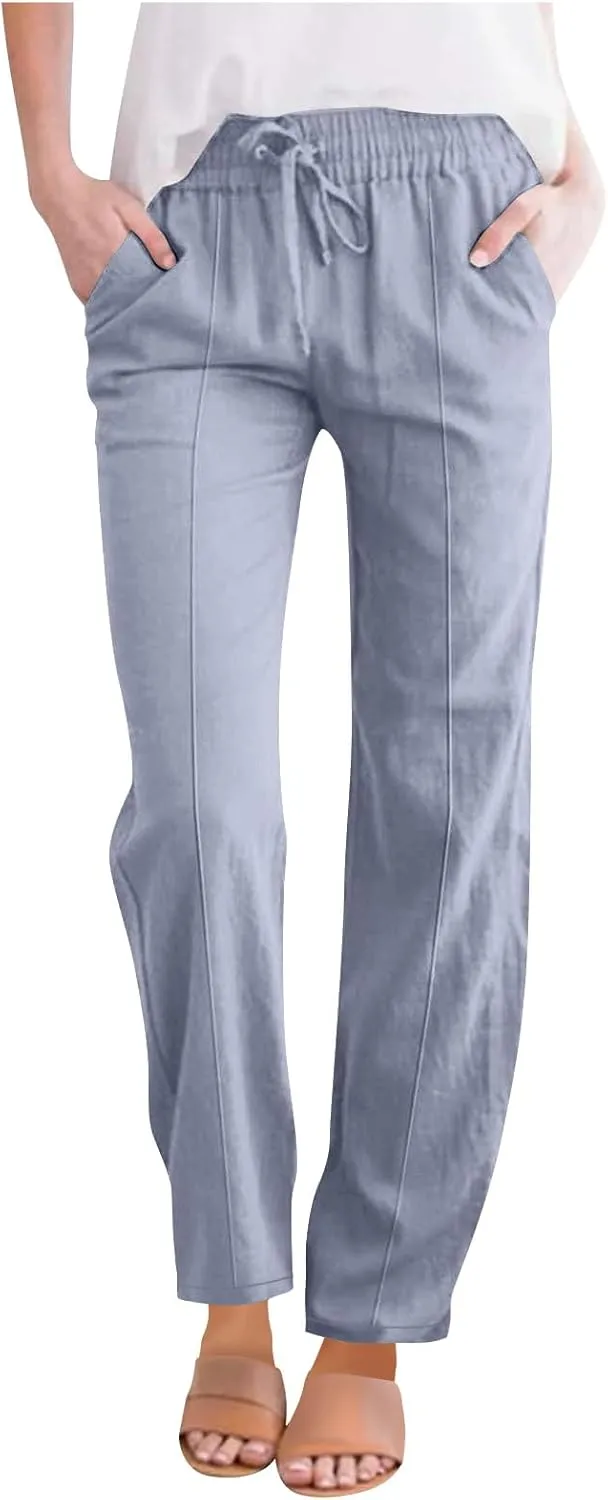 TARIENDY Womens Casual Summer Pants Drawstring Elastic Waist Wide Leg Trousers Loose Comfy Lounge Beach Pant with Pockets