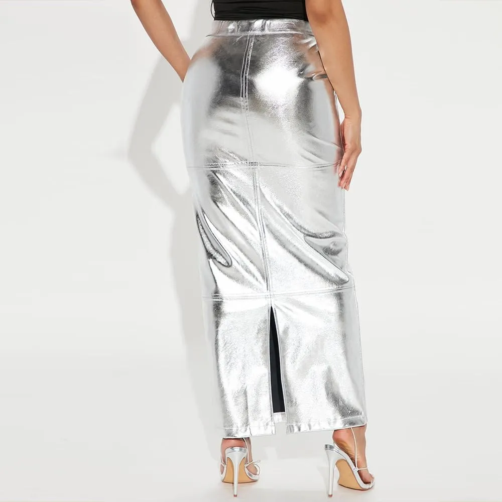 THLAI Women Faux Leather Midi Skirt Y2k Metallic Skirt Sexy Back Split Skirt High Waist Bodycon Pencil Maxi Skirt PU Skirt