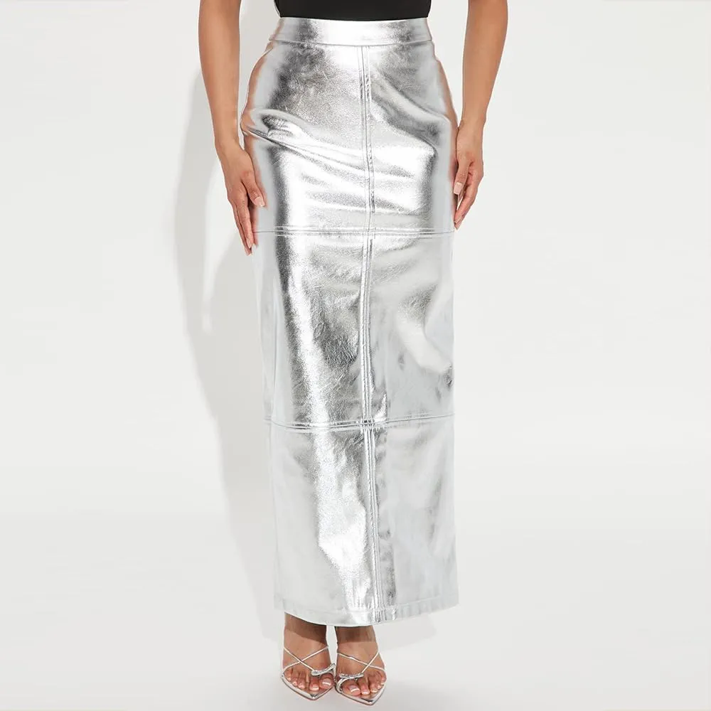 THLAI Women Faux Leather Midi Skirt Y2k Metallic Skirt Sexy Back Split Skirt High Waist Bodycon Pencil Maxi Skirt PU Skirt