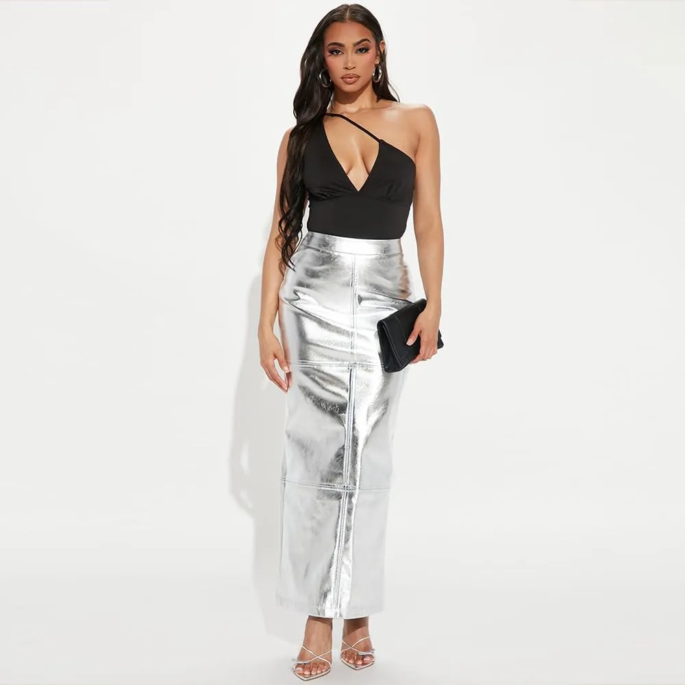 THLAI Women Faux Leather Midi Skirt Y2k Metallic Skirt Sexy Back Split Skirt High Waist Bodycon Pencil Maxi Skirt PU Skirt