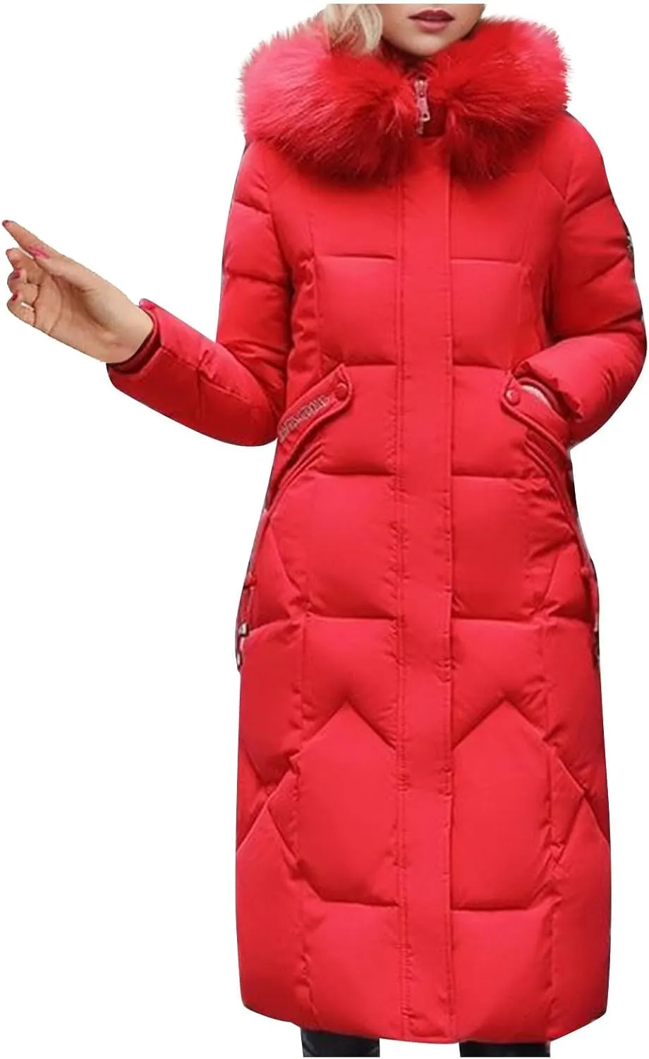 TIMIFIS Down Jacket Women with Fur Hood Plus Size Long Puffer Coats Chunky Quilted Overcoats Winter Warm Parka with Pocket
