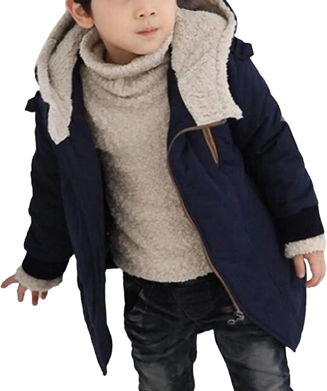 Toddler Kids Boys Thick Cotton Padded Parka Jacket Hooded Fleece Coat Fleece Linen Long Sleeves Zipper Solid Coat