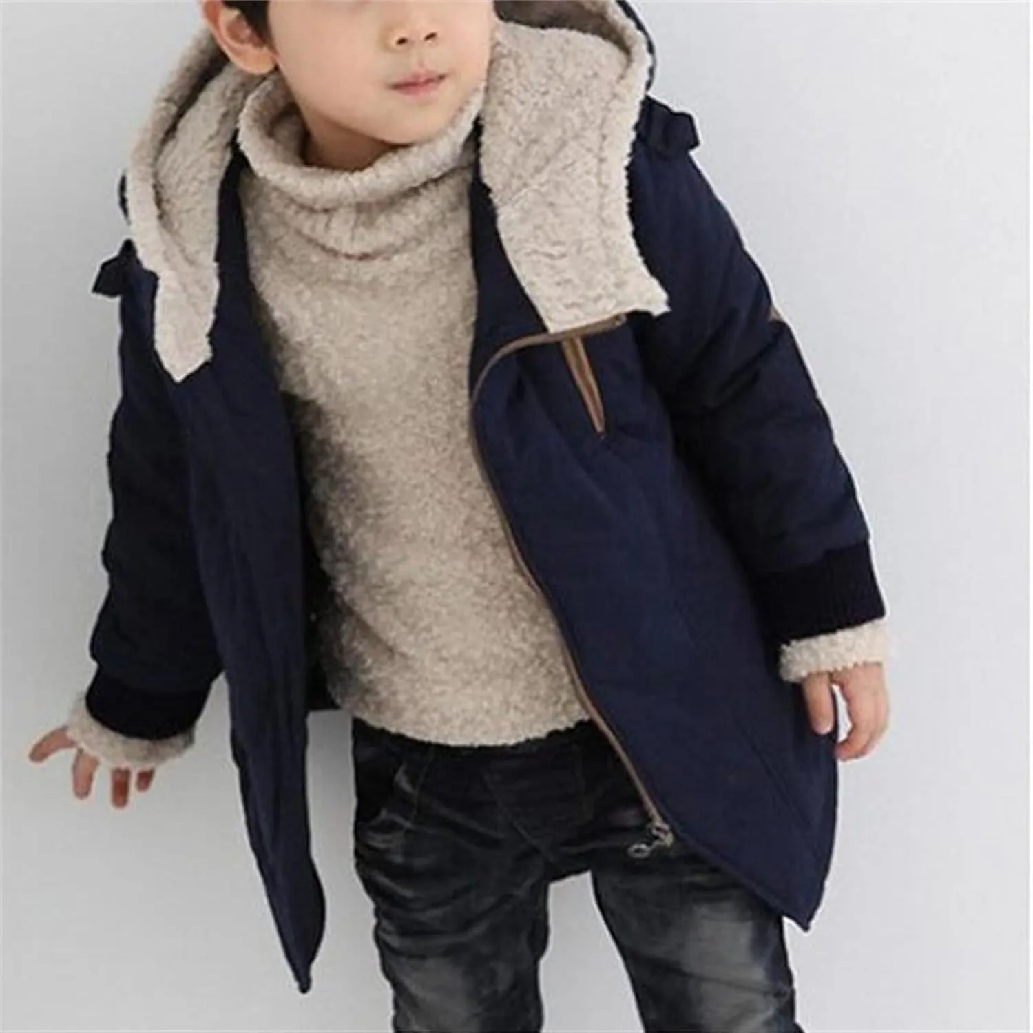 Toddler Kids Boys Thick Cotton Padded Parka Jacket Hooded Fleece Coat Fleece Linen Long Sleeves Zipper Solid Coat