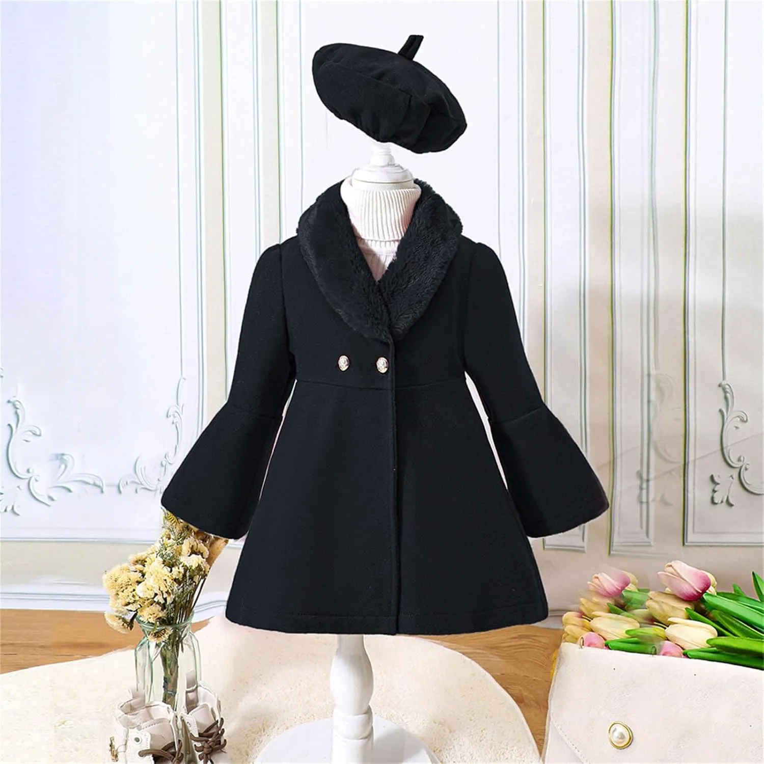 Toddler Kids Girls Trench Jacket Long Sleeve Fury Collar Warm Peacoat with Beret Hat Set for Casual