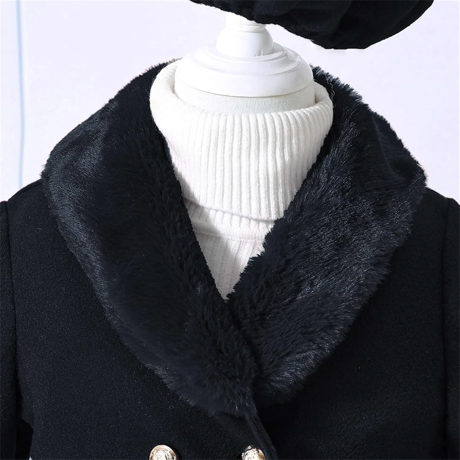 Toddler Kids Girls Trench Jacket Long Sleeve Fury Collar Warm Peacoat with Beret Hat Set for Casual