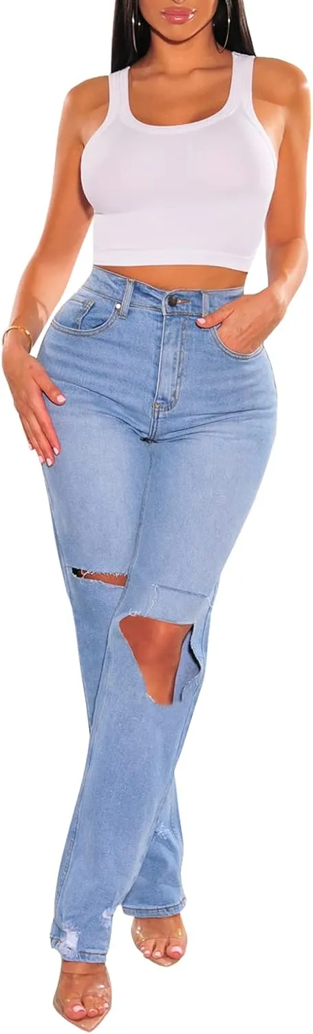 TodTan Women's Skinny Jeans Ripped Mid Rise Stretch Destroyed Denim Pants Jeans