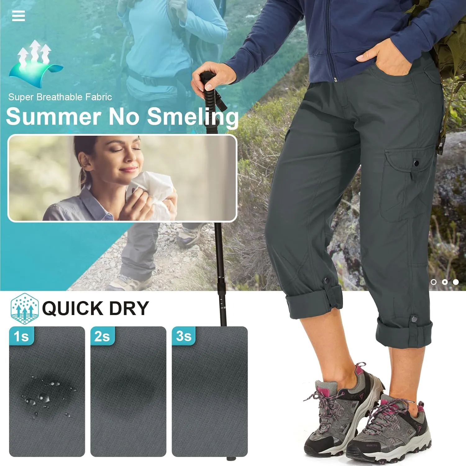 Toomett Women's Hiking Cargo Pants convertible Quick Dry UPF50  Waterproof capri Fishing Safari Travel Pants
