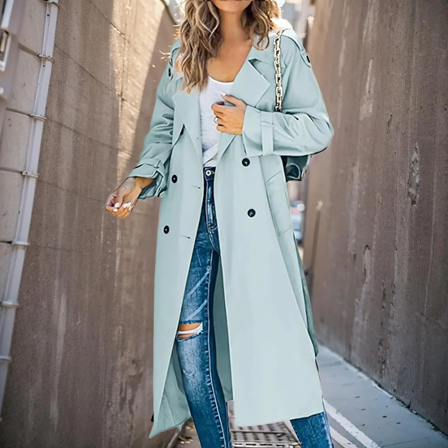 Trench Coat for Women Lapel Double Breasted Overcoat Long Trench Jacket Windproof Slim Fit Windbreaker with Belt