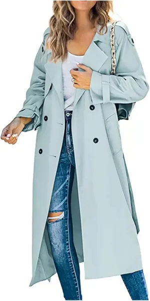 Trench Coat for Women Lapel Double Breasted Overcoat Long Trench Jacket Windproof Slim Fit Windbreaker with Belt