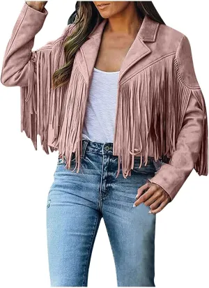 Trendy Fringe Coat for Women Faux Suede Leather Jackets Cowboy Style Coats Long Sleeve Tassels Cardigan Coat