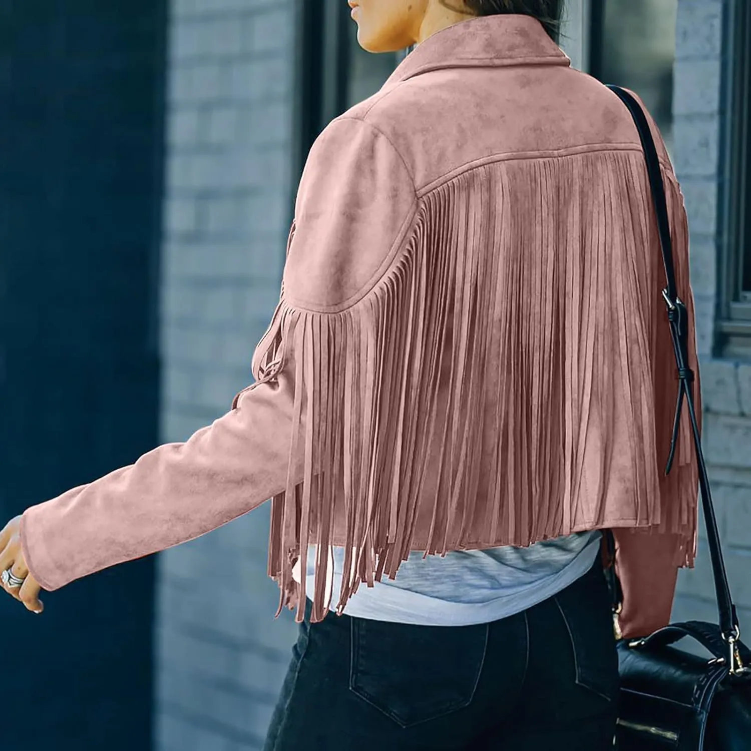Trendy Fringe Coat for Women Faux Suede Leather Jackets Cowboy Style Coats Long Sleeve Tassels Cardigan Coat