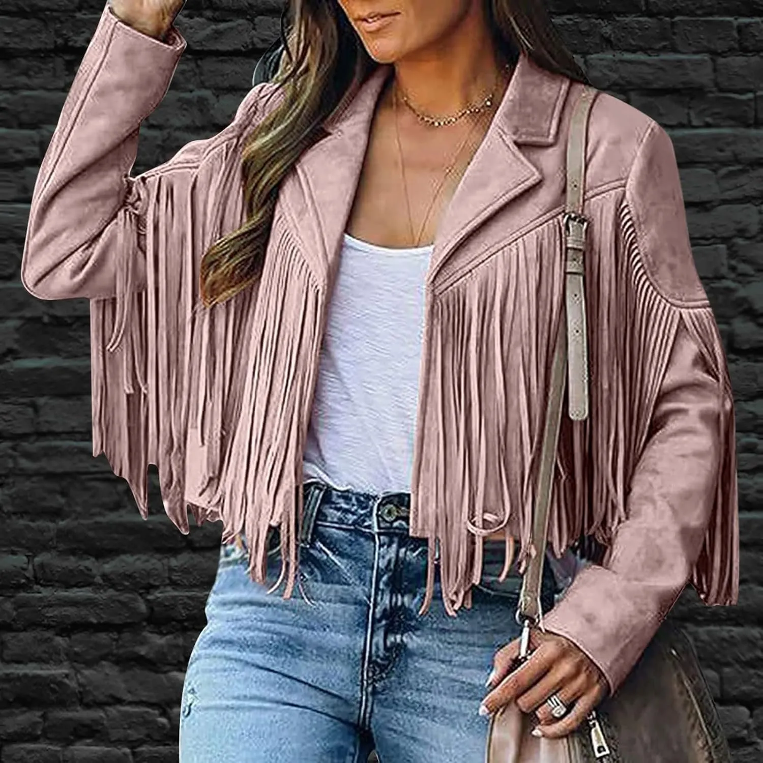 Trendy Fringe Coat for Women Faux Suede Leather Jackets Cowboy Style Coats Long Sleeve Tassels Cardigan Coat