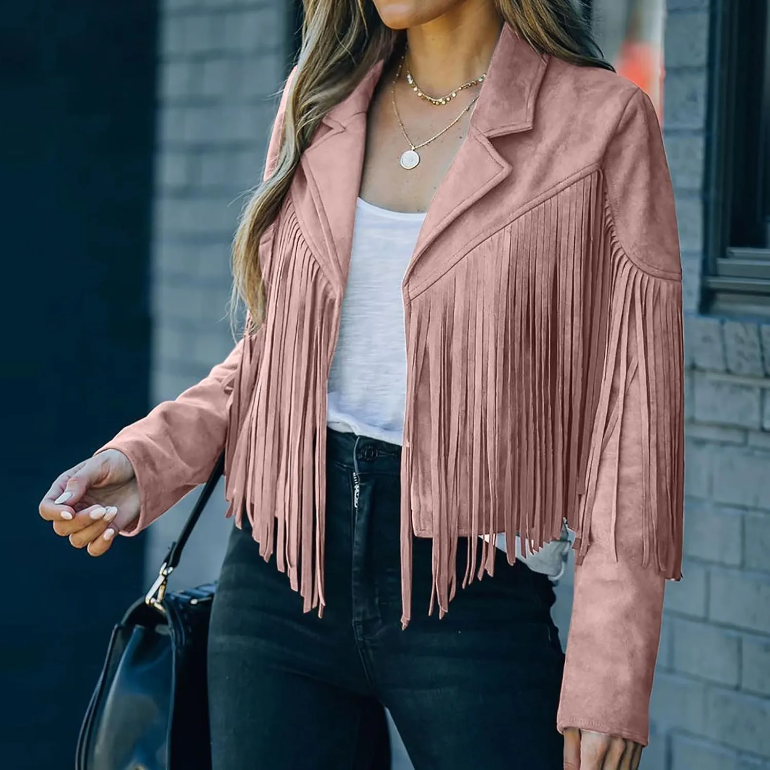 Trendy Fringe Coat for Women Faux Suede Leather Jackets Cowboy Style Coats Long Sleeve Tassels Cardigan Coat