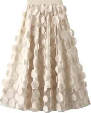 Tulle Midi Skirt Women Elastic Waist 3D Polka Dot Ruffle Skirt Mesh Layered Tutu Long A-Line Party Skirt