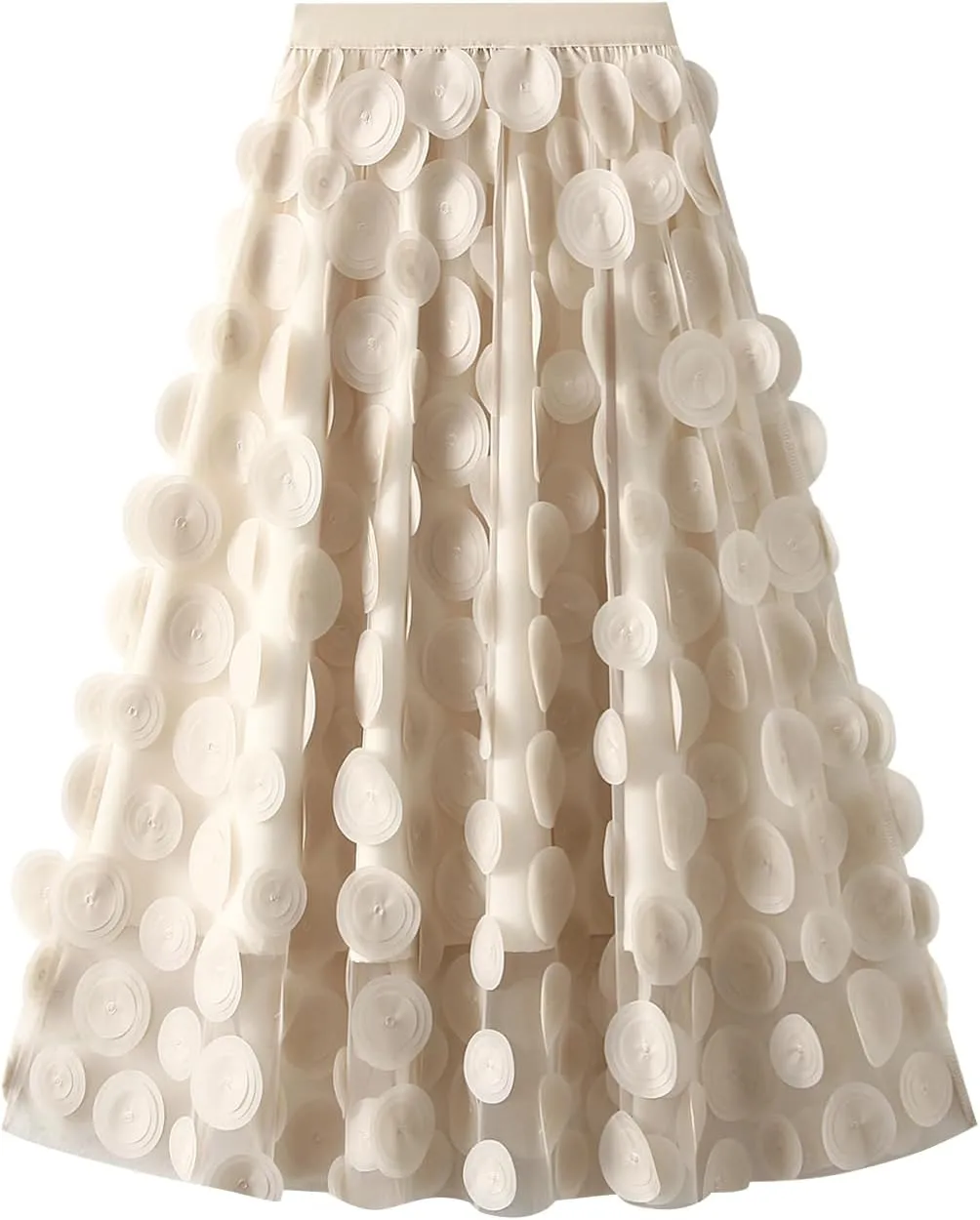 Tulle Midi Skirt Women Elastic Waist 3D Polka Dot Ruffle Skirt Mesh Layered Tutu Long A-Line Party Skirt