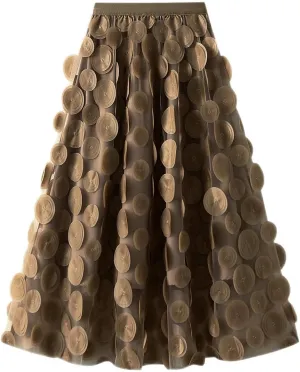 Tulle Midi Skirt Women Elastic Waist 3D Polka Dot Ruffle Skirt Mesh Layered Tutu Long A-Line Party Skirt